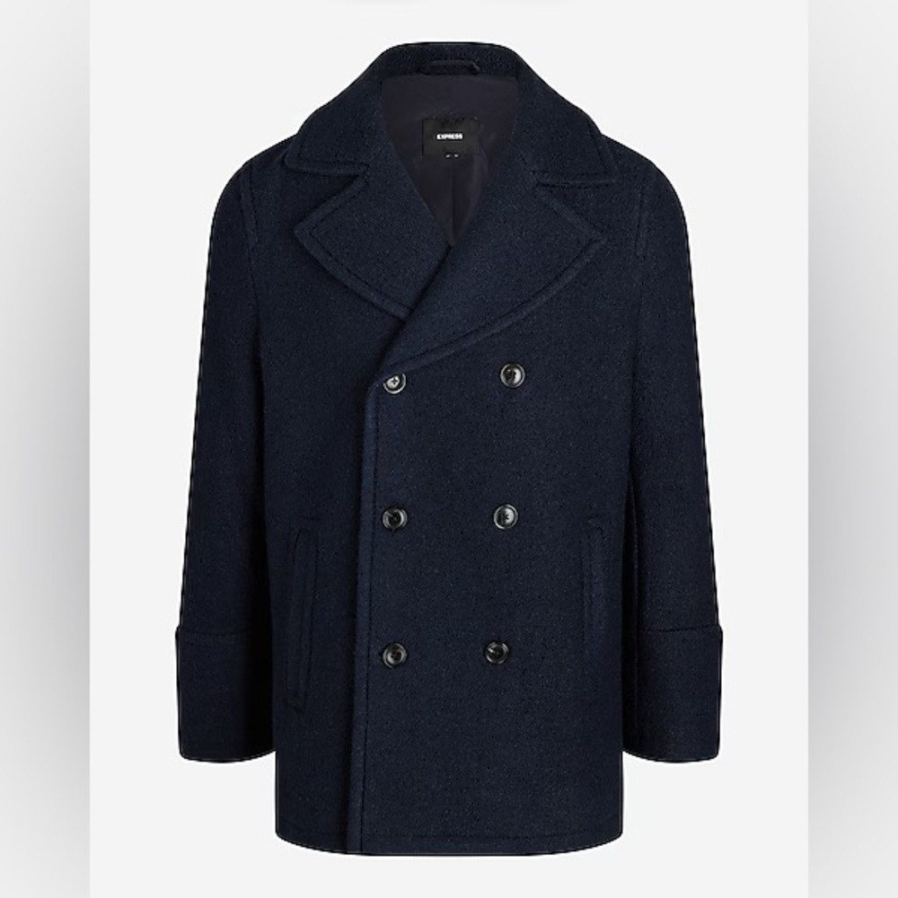 NWT Express Double Breasted Textured Boucle Wool-Blend Peacoat (Navy) - Picture 3 of 9